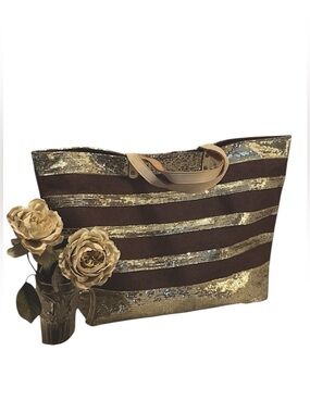Muche et Muchette Brown & Gold Metallic Sequins Leather Straps Large Beach Tote